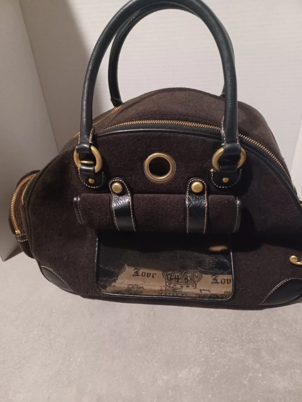 Share Vintage Juicy Couture Dog Carrier Bag Y2K Brown Velour Leather Trim